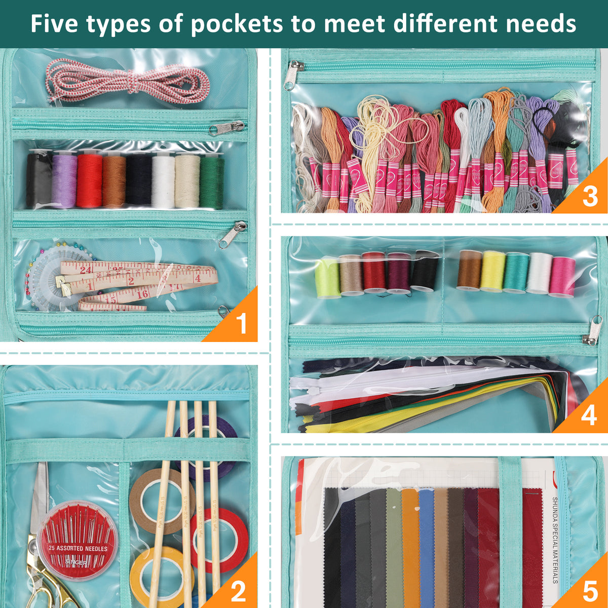 Sewing and Craft Storage Tote by FINPAC, 800D Polyester Organizer with Clear PVC Pockets and Two Top Handles, 13 x 4.5 x 10.5 Inches, Five Styles, Bag Only