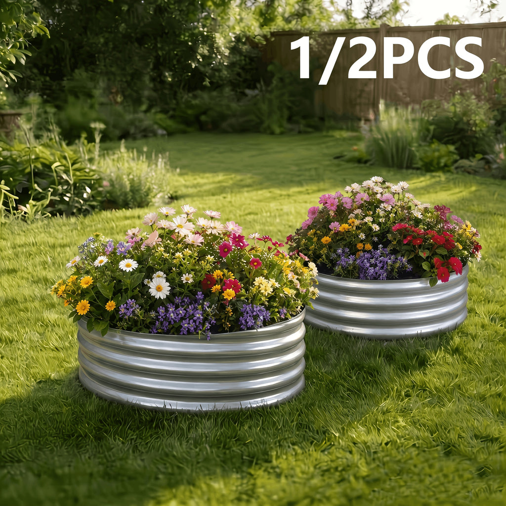 Galvanized Garden Planter Set with Listed Shovel, One or Two Metal Raised Beds with Oval or Round Design References for Outdoor Vegetable Gardening