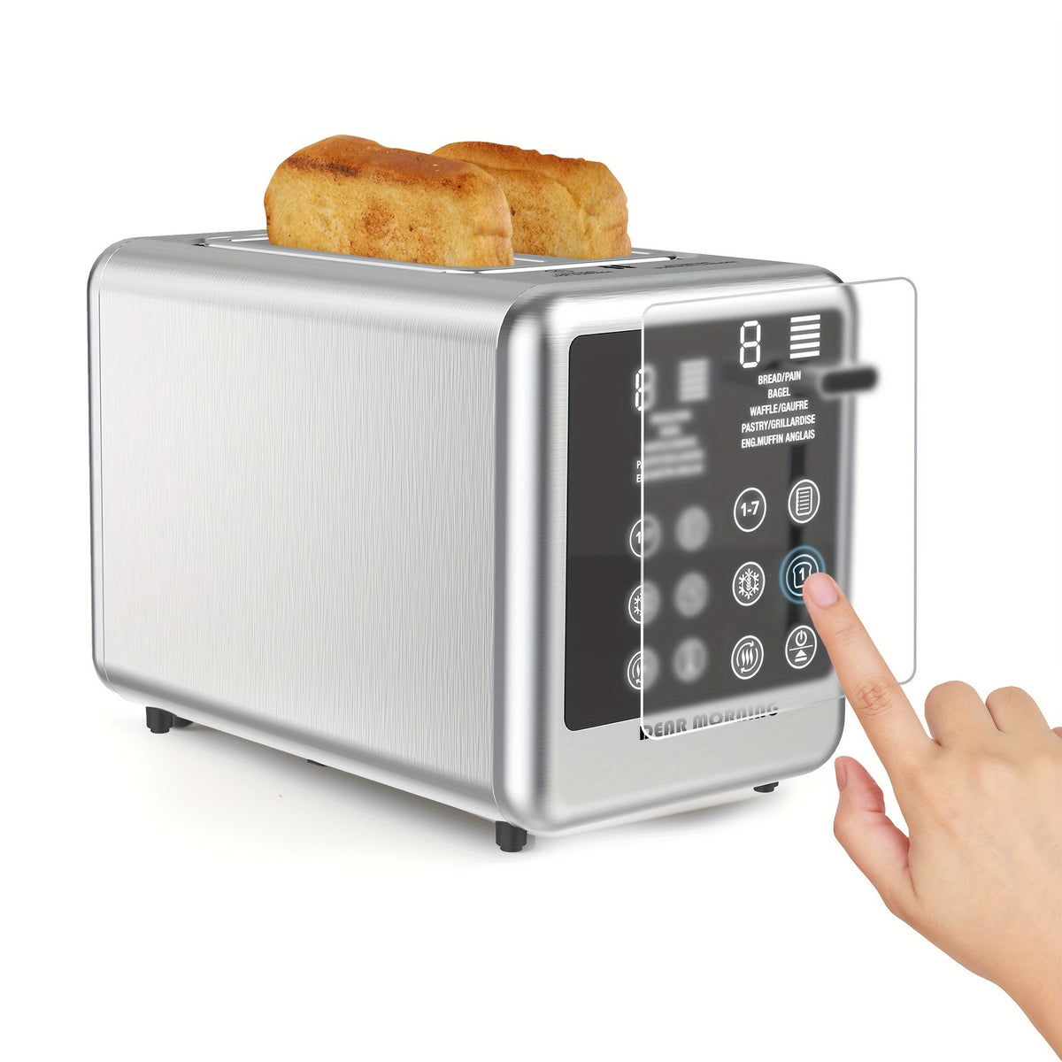 Seven-Shade Touchscreen Two-Slice Toaster with Listed Five Bread Selections, 1.5-Inch Slots, Bagel, Defrost, Cancel and Reheat Functions, Stainless Steel Options