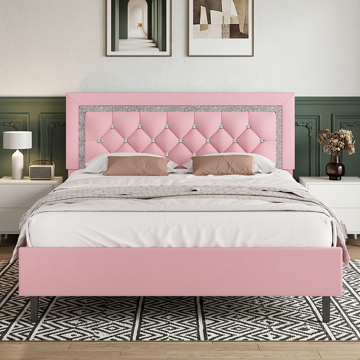 Princess Bed Frame with Diamond Headboard and Wooden Slat Support, Bedroom Furniture in White, Black or Pink with Twin, Full and Queen-1 Size Options