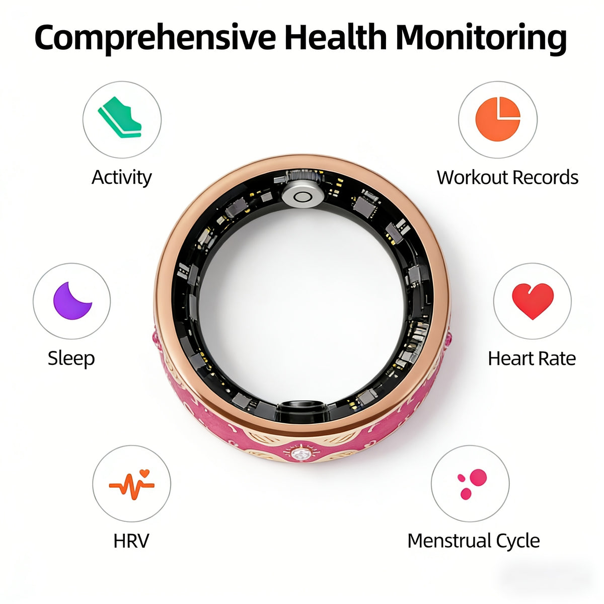Smart Ring for Women, Fitness Tracker Ring with 120+ Sports Modes, Steps, Distance and Calories Tracking, Stress Monitor and Menstrual Cycle Tracking for iPhone and Android, No Subscription