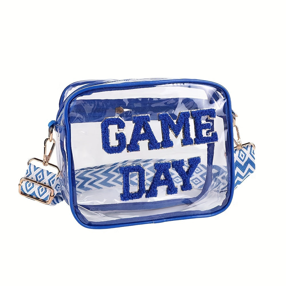 Transparent Square Crossbody Bag with Embroidered Letter Detail, Clear PVC Shoulder Accessory with Zipper Closure and Painted Edges in Grey, Orange or Red for Everyday Outings