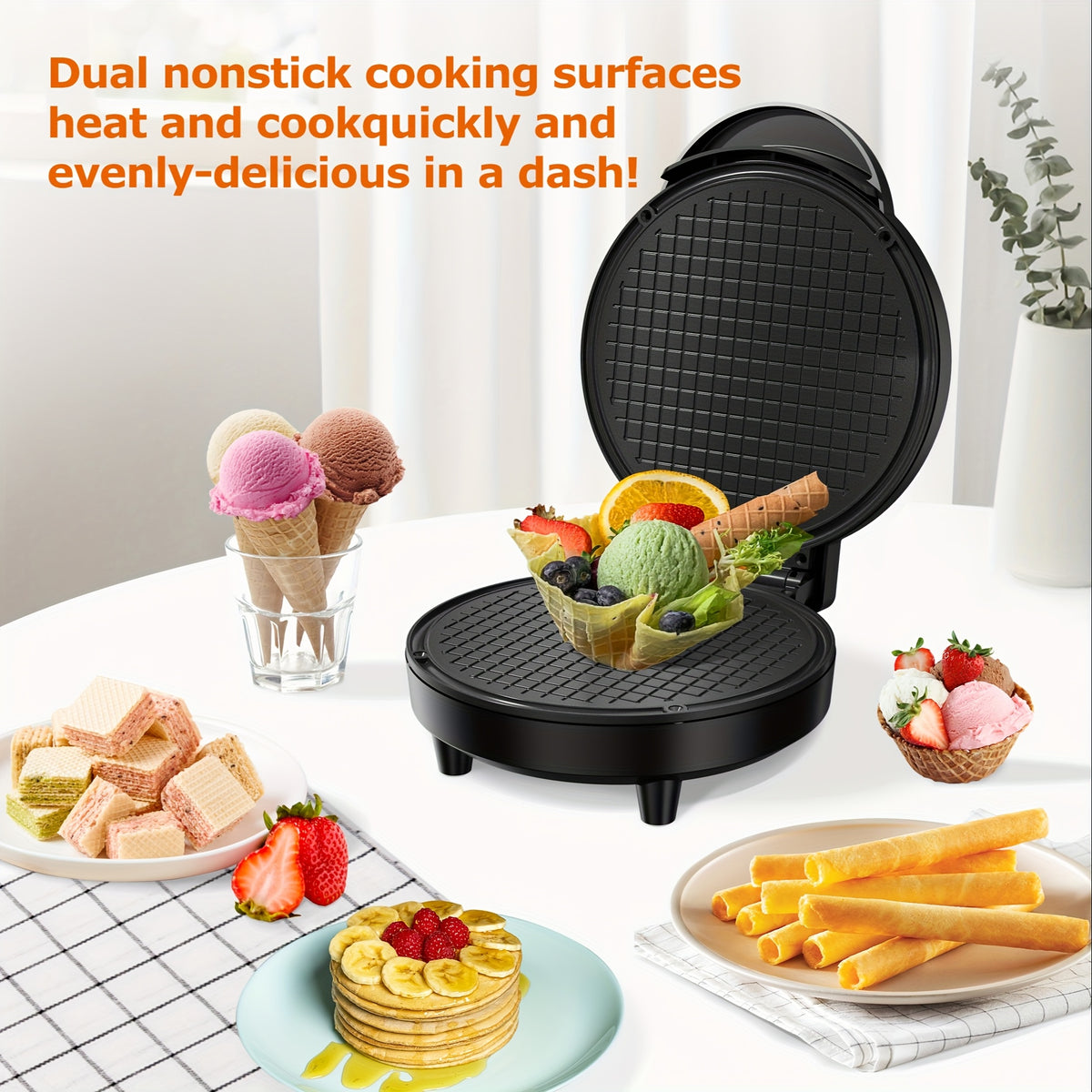 Ice Cream Waffle Cone Maker 6.8-Inch, Electric Nonstick Waffler Iron with Overheat Protection for Homemade Ice Cream Cones, Dessert Bowls and Parent-Child Baking Activities, Kitchen Appliance for Kids and Family