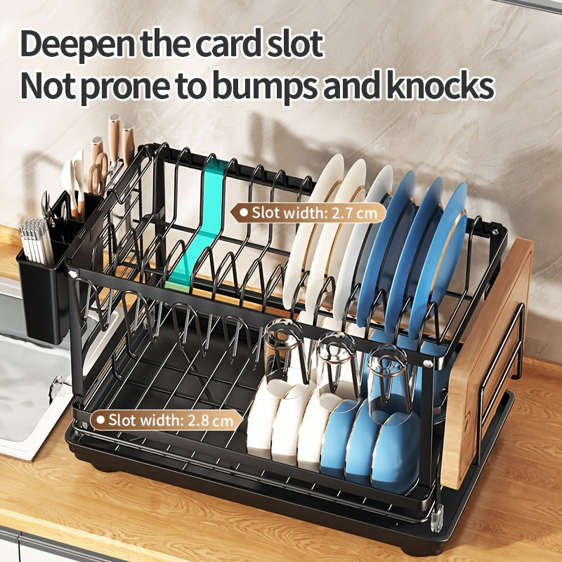 Metal Countertop Dish Rack for Kitchen Tableware Organization, Two-Tier Painted Rack Design with Utensil Holder Reference and Black, Dark Grey or Base Options