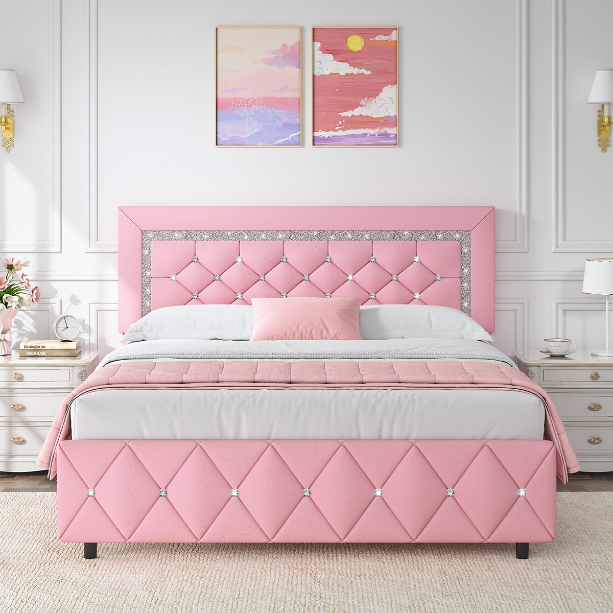Diamond Design Platform Bed Frame by HOMBCK with Adjustable Headboard and Wooden Slat Support, No Box Spring Needed, Twin to King in Five Colors
