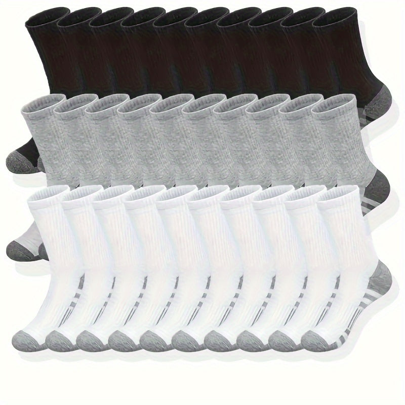 Knee-High Socks for Men, 30-Pair Black White and Gray Multipack with Listed Elastic Ribbed Cuffs, One-Size Athletic and Casual Style for Everyday Outfits