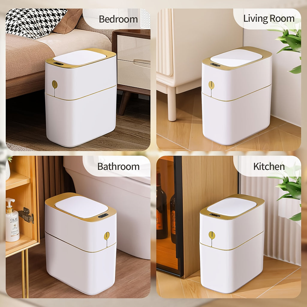 Golden-Accent Sensor Trash Bin with Listed 4-Gallon Capacity and Automatic Lid, One- or Two-Piece Options for Bathroom, Bedroom and Office Waste Storage, Batteries Excluded