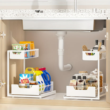 Two-Tier Sliding Under Sink Organizer for Kitchen and Bathroom Cabinets, Metal Pull-Out Storage Rack in Black, White or Gray with Single and Two-Pack Options