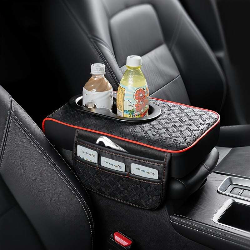 Car Armrest Storage Cover in PU Leather with Two Side Pockets and Two Cup Holders, Center Console Organizer with Tissue Bundle and Refill Options
