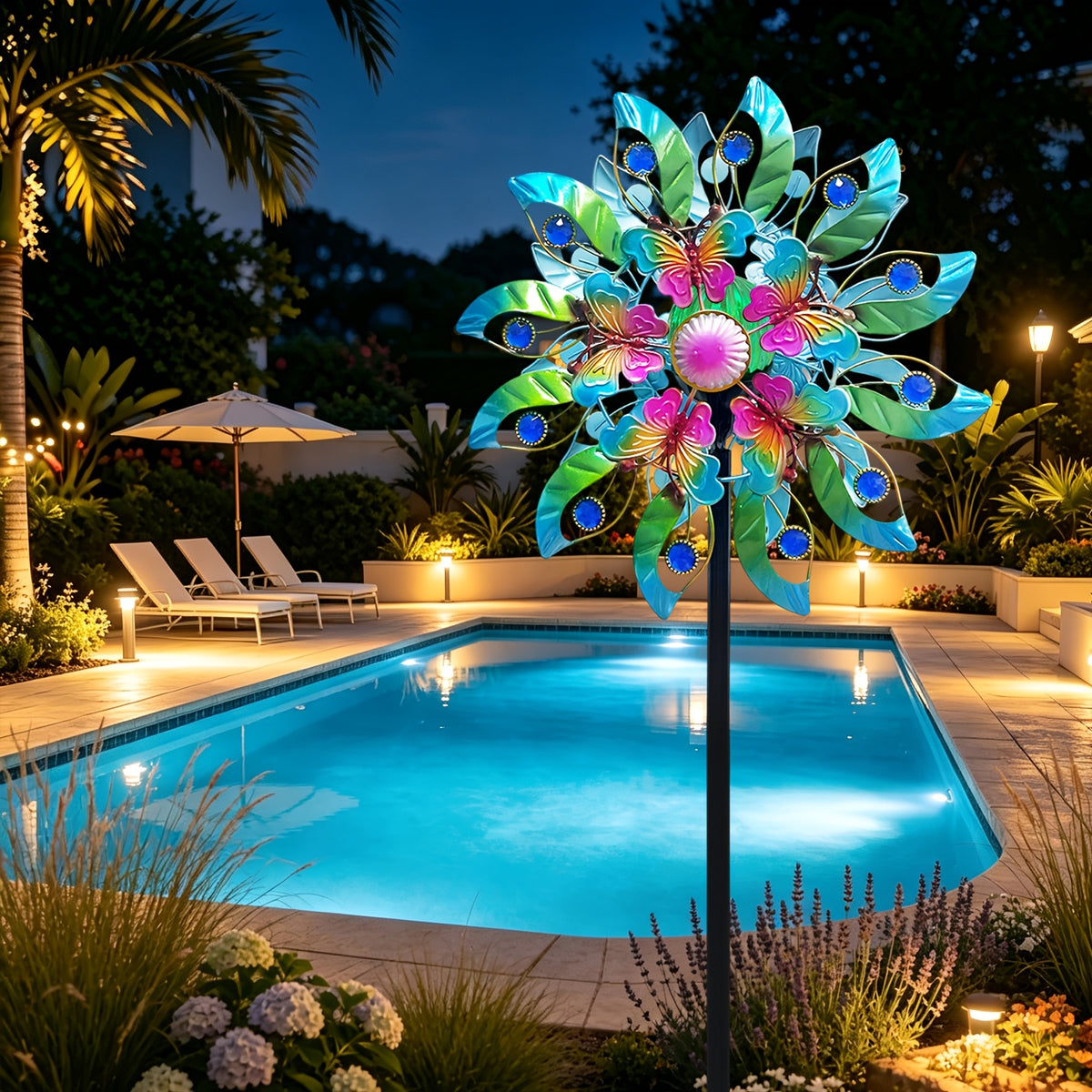 Garden Wind Spinner with Solar Multicolor LED Light, Metal Pinwheel Yard Decor with Listed 72-Inch Size and Red, Bronze, Blue or Butterfly Design Options