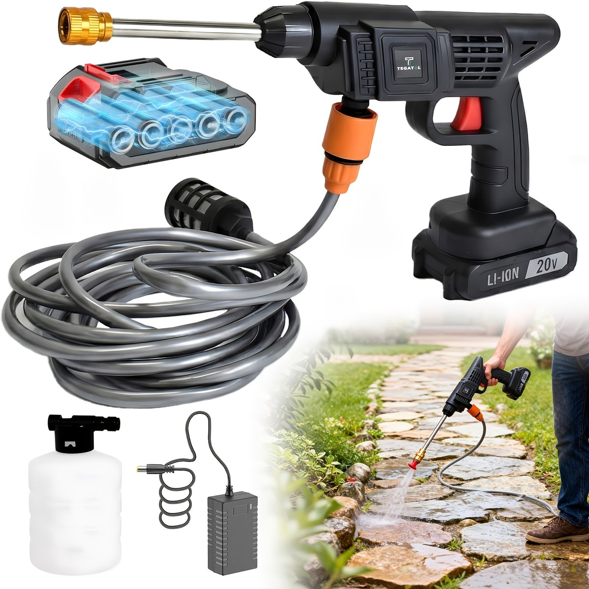 Rechargeable Cleaning Water Gun with Listed 20V Power, One or Two Battery and Upgrade Options, Handheld Spray Tool for Compatible Car Cleaning and Garden Tasks