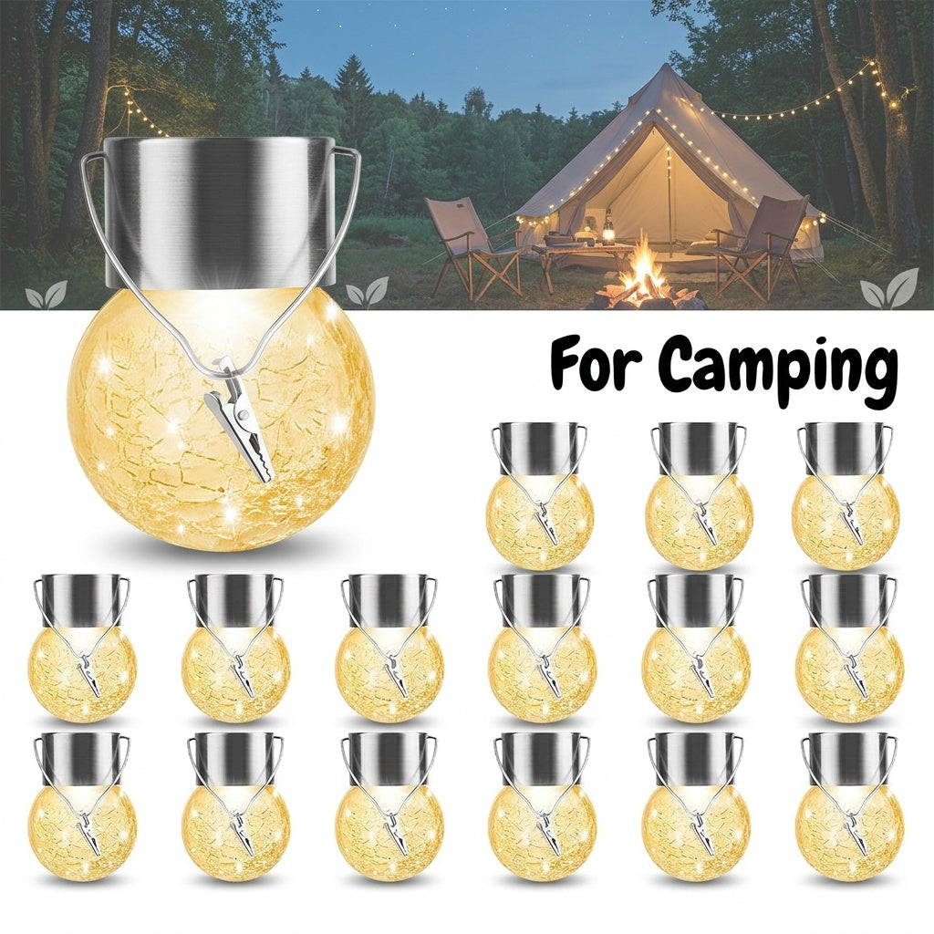 Solar Hanging Globe Lights with Crackle-Style Ball Design, Handles and Clips, Warm Light or Colored Lanterns in 8- or 16-Pack Options for Garden and Patio Decor