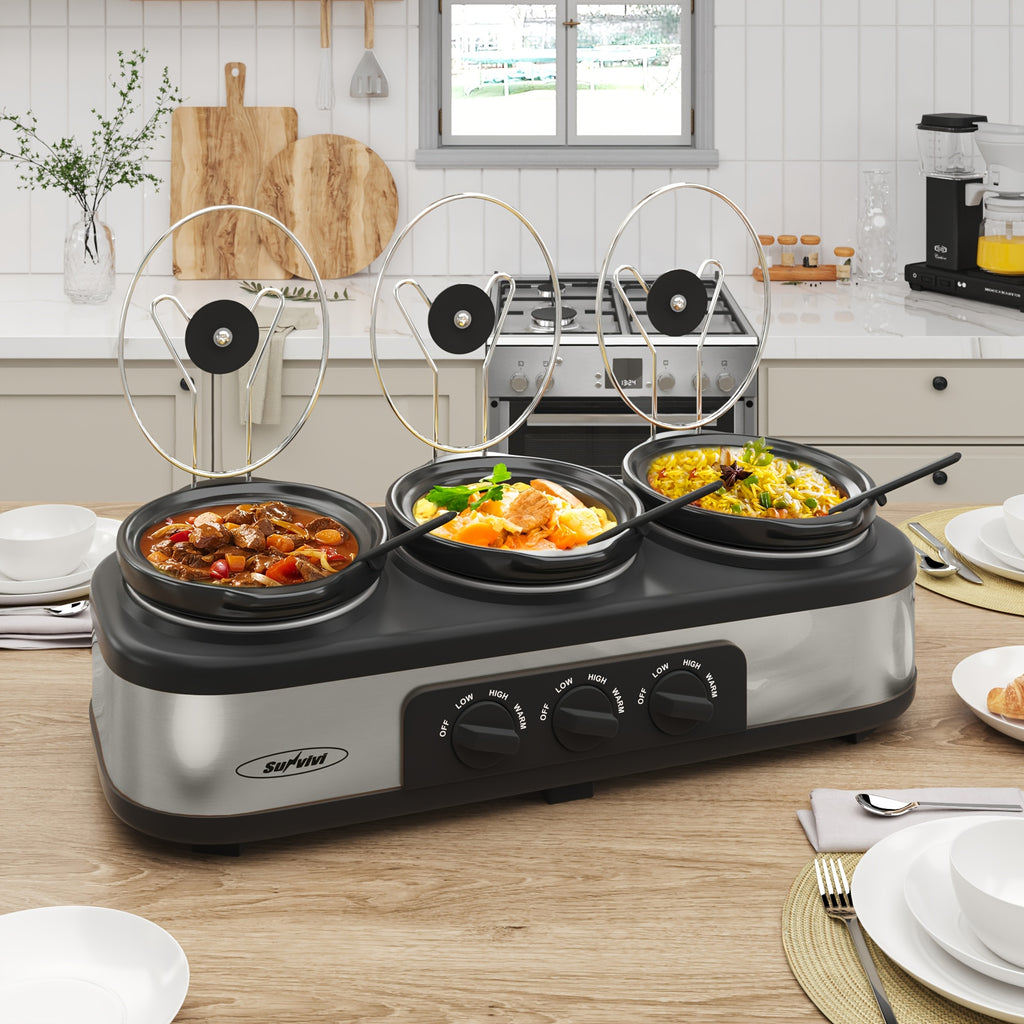 Triple Slow Cooker 3 x 1.5QT with Ceramic Pots and Glass Lids, 3 Cooking Settings, Buffet Server and Warmer for Parties and Family Gatherings