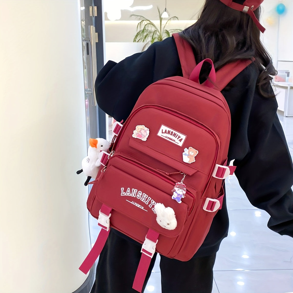 Solid-Color Canvas Backpack Set with Listed Five-Piece Format, Tote, Pencil Bag and Crossbody Wording, Four Pendant-Labeled Color Options for Student Daily Carry