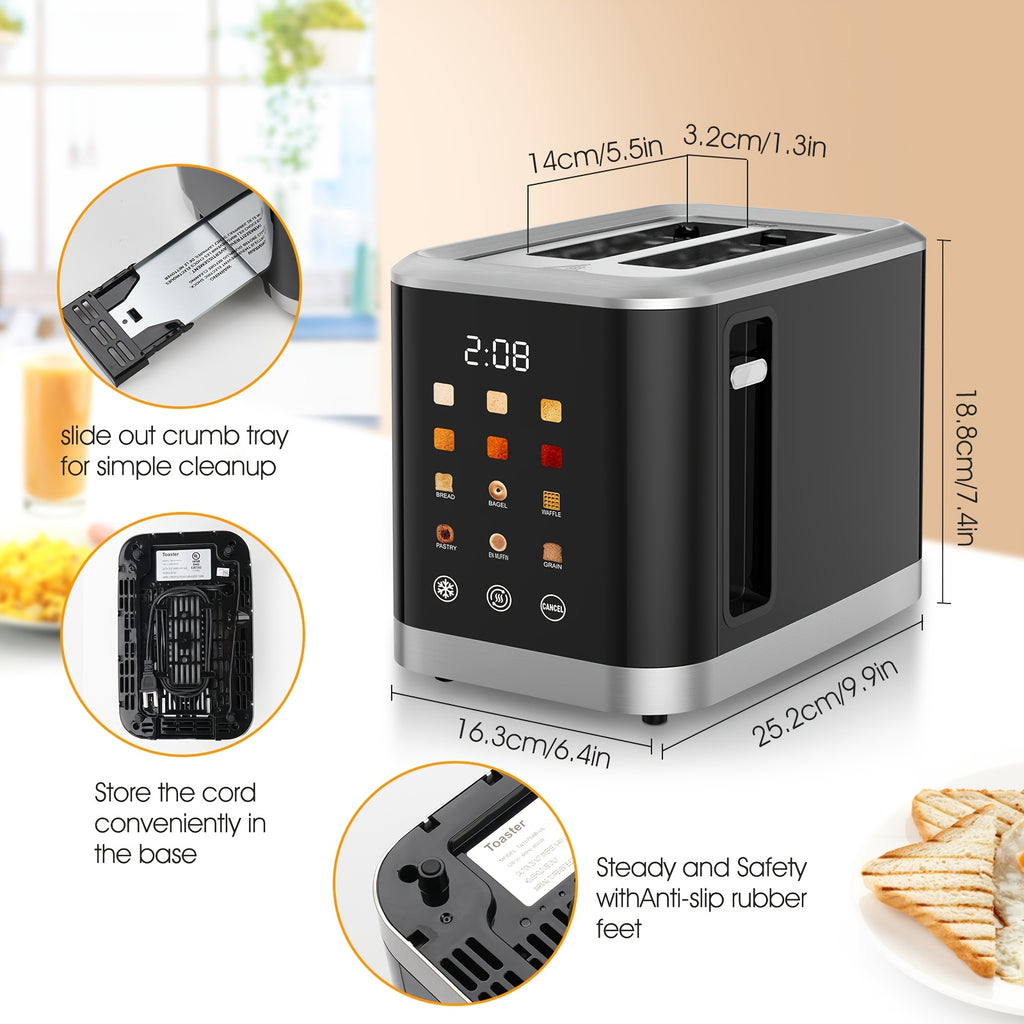 LCD Touchscreen Toaster with Two-Slice Capacity, Six Bread Types and Six Shade Settings, Listed Wide Slots with Bagel, Cancel and Defrost Functions