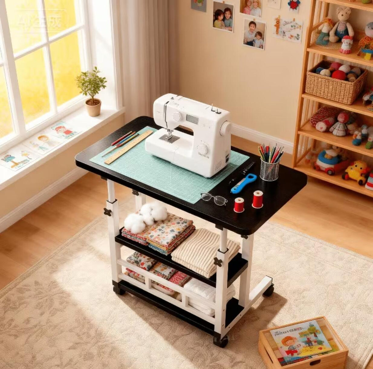Height Adjustable Craft Table with Double Storage Shelves and Four 360-Degree Wheels, Rolling Sewing and Knitting Organizer for Bedrooms and Living Rooms