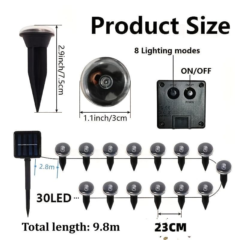 Solar Pathway String Lights with Listed 30 LEDs and Stake Design, Six Warm, White, Purple, Blue, Red and Green Light Options for Patio and Garden Event Decor