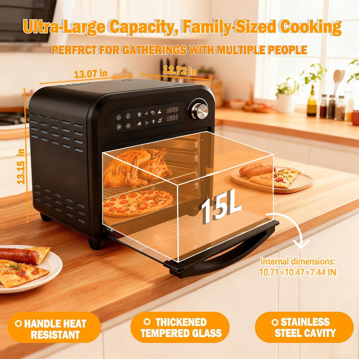 Air Fryer Toaster Oven Combo, Extra Large Capacity Convection Oven with 360° Hot Air Circulation, LED Digital Display and Precise Temperature Control, Stainless Steel, 16QT