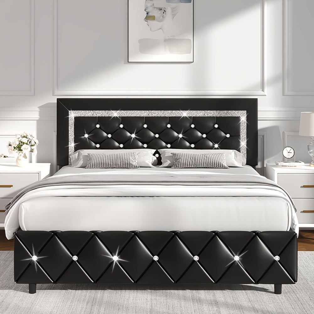 Diamond Tufted Upholstered Bed Frame in Black Faux Leather with Headboard, Footboard and Wooden Slat Support, Twin, Full, Queen and King Options
