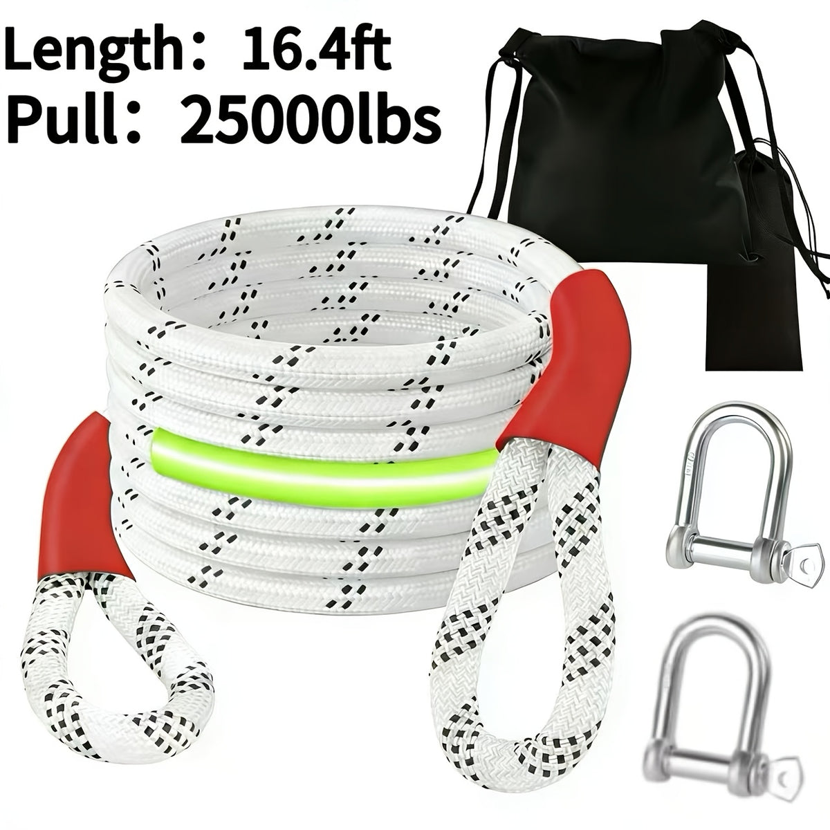 Polyester Recovery Tow Strap in Multiple Length Options, Static Vehicle Strap with Listed D-Ring Shackles, Reflective Flag and Storage Bag Accessories
