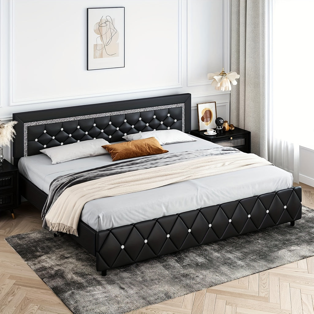 Diamond Tufted Upholstered Bed Frame in Black Faux Leather with Headboard, Footboard and Wooden Slat Support, Twin, Full, Queen and King Options