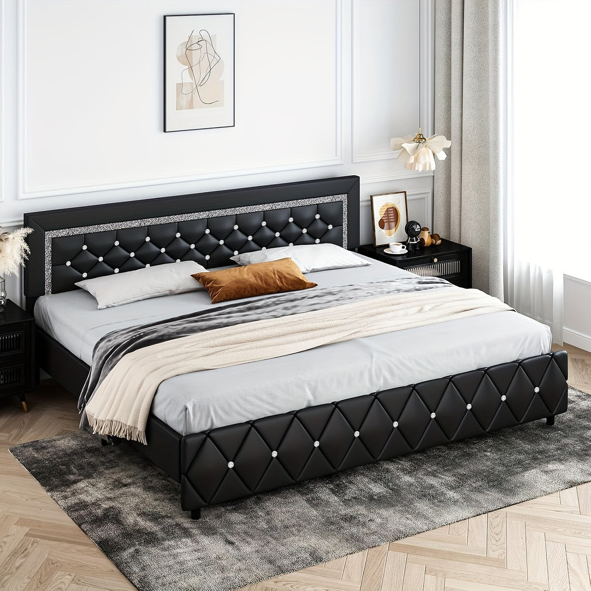 Diamond Tufted Upholstered Bed Frame in Black Faux Leather with Headboard, Footboard and Wooden Slat Support, Twin, Full, Queen and King Options