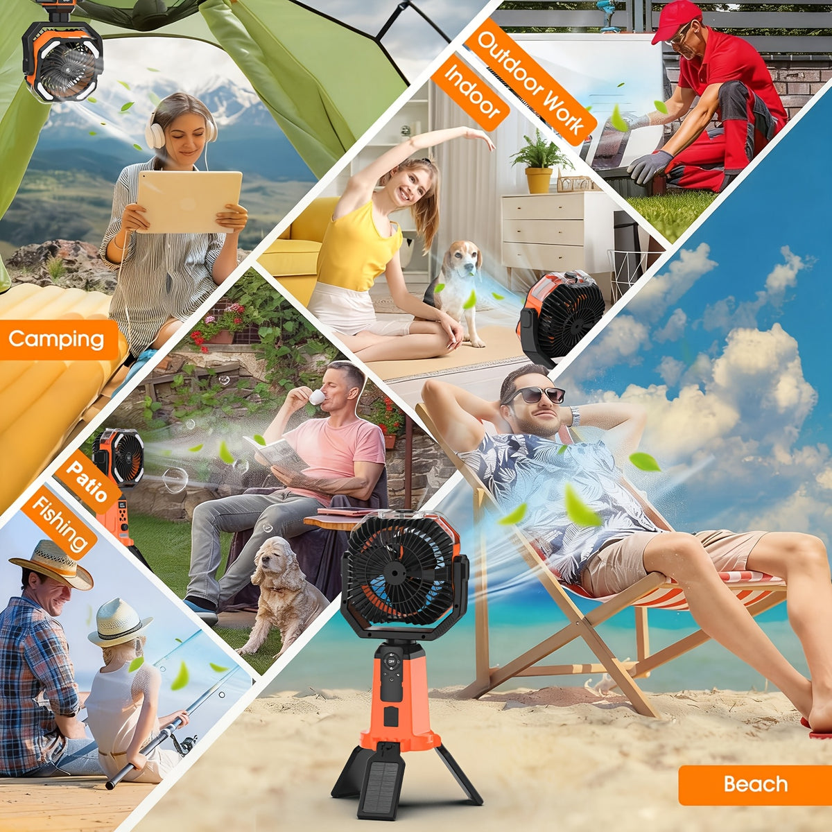 Portable Tent Fan F30P with Listed 20000mAh Rechargeable Battery, LED Light, Hook, 8-Blade Design and 270° Rotation for Camping in Black or Orange