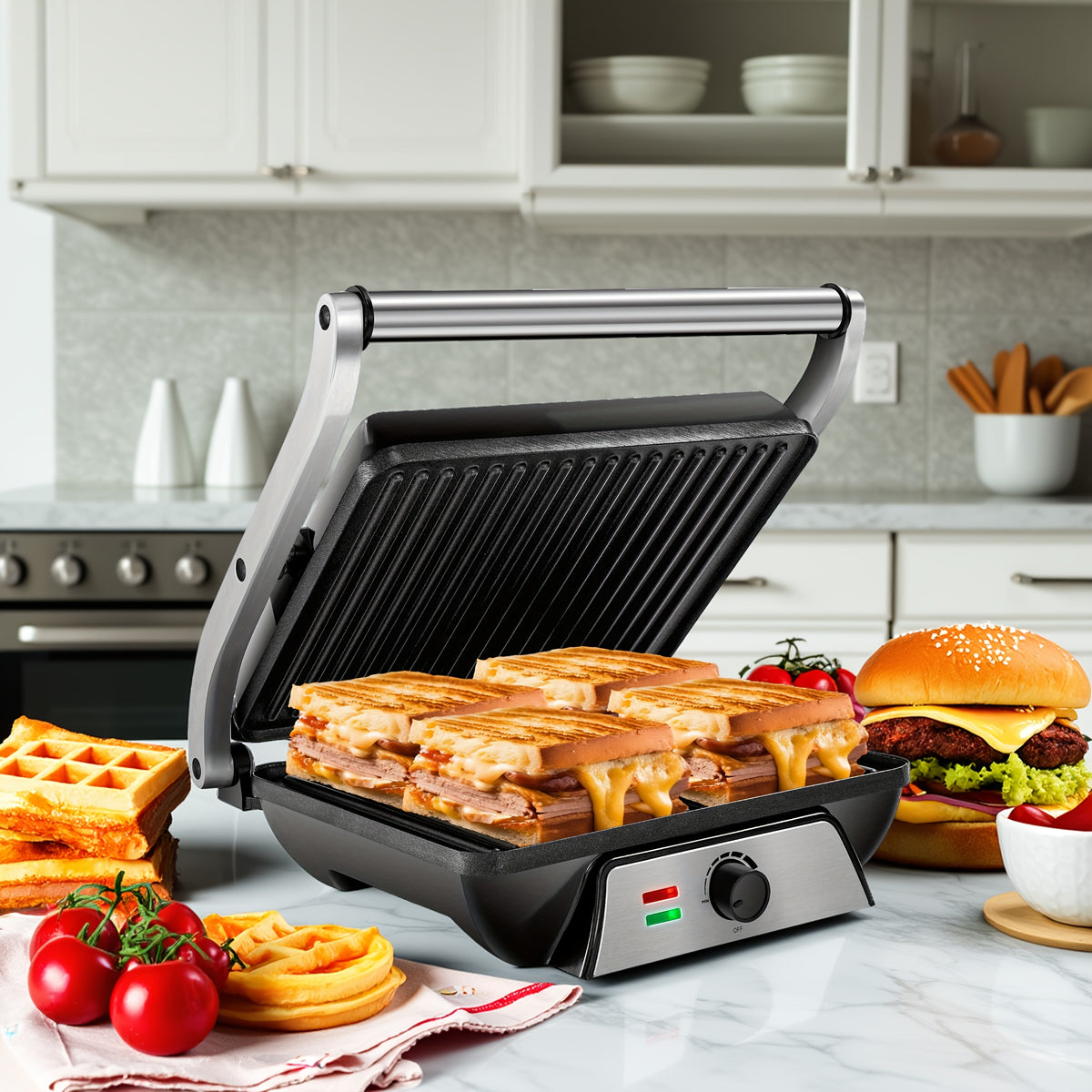 Floating-Hinge Panini Press and Indoor Grill with Nonstick Plate Wording, 180-Degree Opening and Grease Tray, Color or Timer-Control Options for Sandwiches