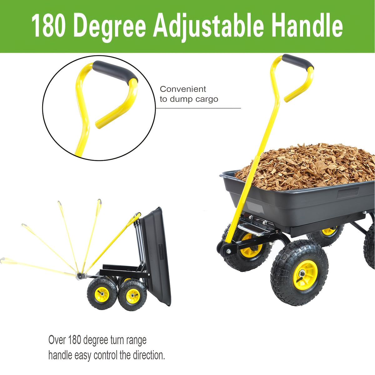 Poly Garden Dump Cart with Steel Frame, Listed 10-Inch Pneumatic Tires and 180-Degree Swivel Handle, Black or Green Option Labels for Lawn and Yard Supply Transport