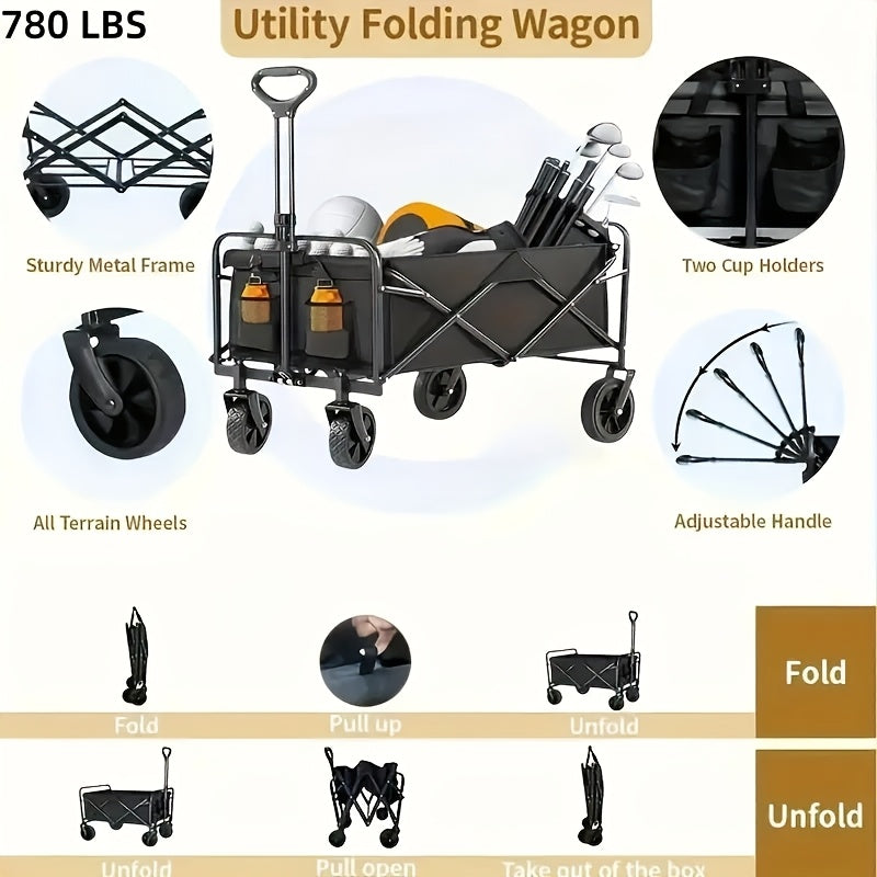 Metal Frame Folding Wagon with Detachable 600D Oxford Fabric, Listed 200 lb Capacity Utility Cart in Red or Black for Garden Supplies, Shopping and Camping Gear
