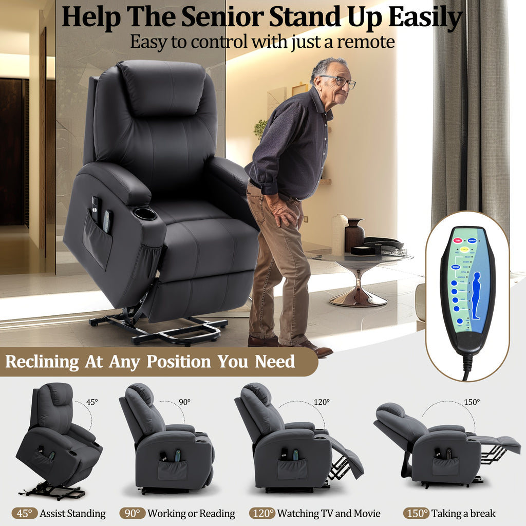 Power Lift Recliner Chair with Massage and Heating Functions, Remote Control and Cup Holder for Home Relaxation, Color and Upholstery Label Options
