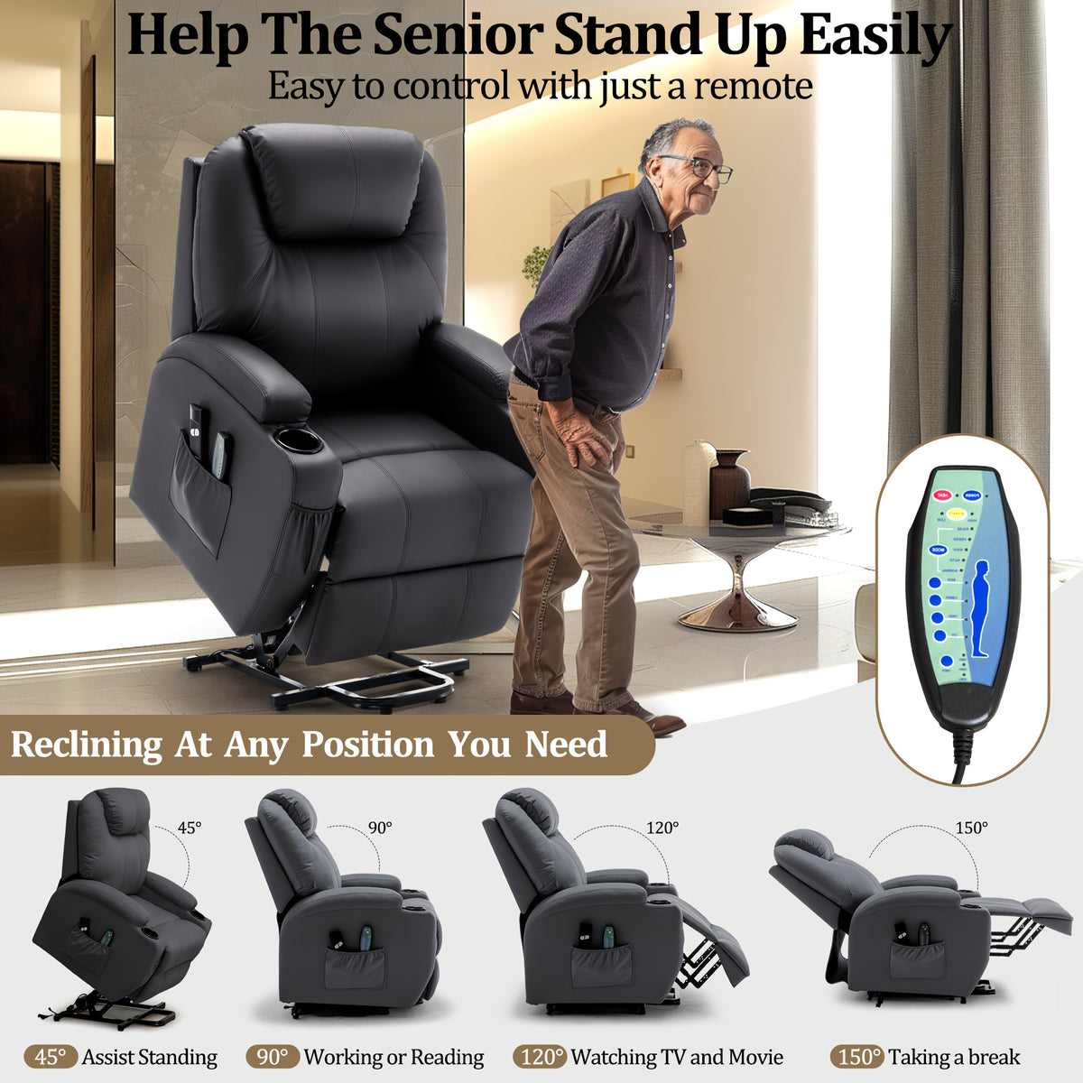 Power Lift Recliner Chair with Massage and Heating Functions, Remote Control and Cup Holder for Home Relaxation, Color and Upholstery Label Options