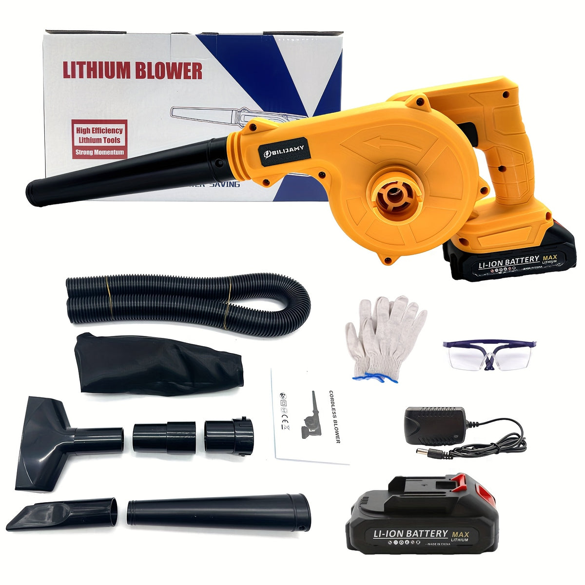 Portable Battery Leaf Blower, Yellow or Black Cordless Handheld Yard Tool with One- or Two-Battery Configurations and Selected Seven-Piece Sets for Leaf Cleanup