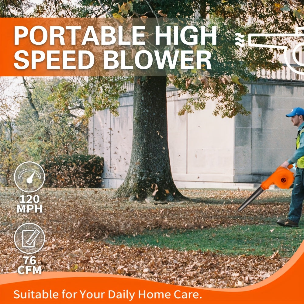 Blue and Orange Cordless Handheld Leaf Blower with Listed 21V Lithium Battery and Extension Tube, One- or Two-Battery Options for Yard and Garden Cleanup