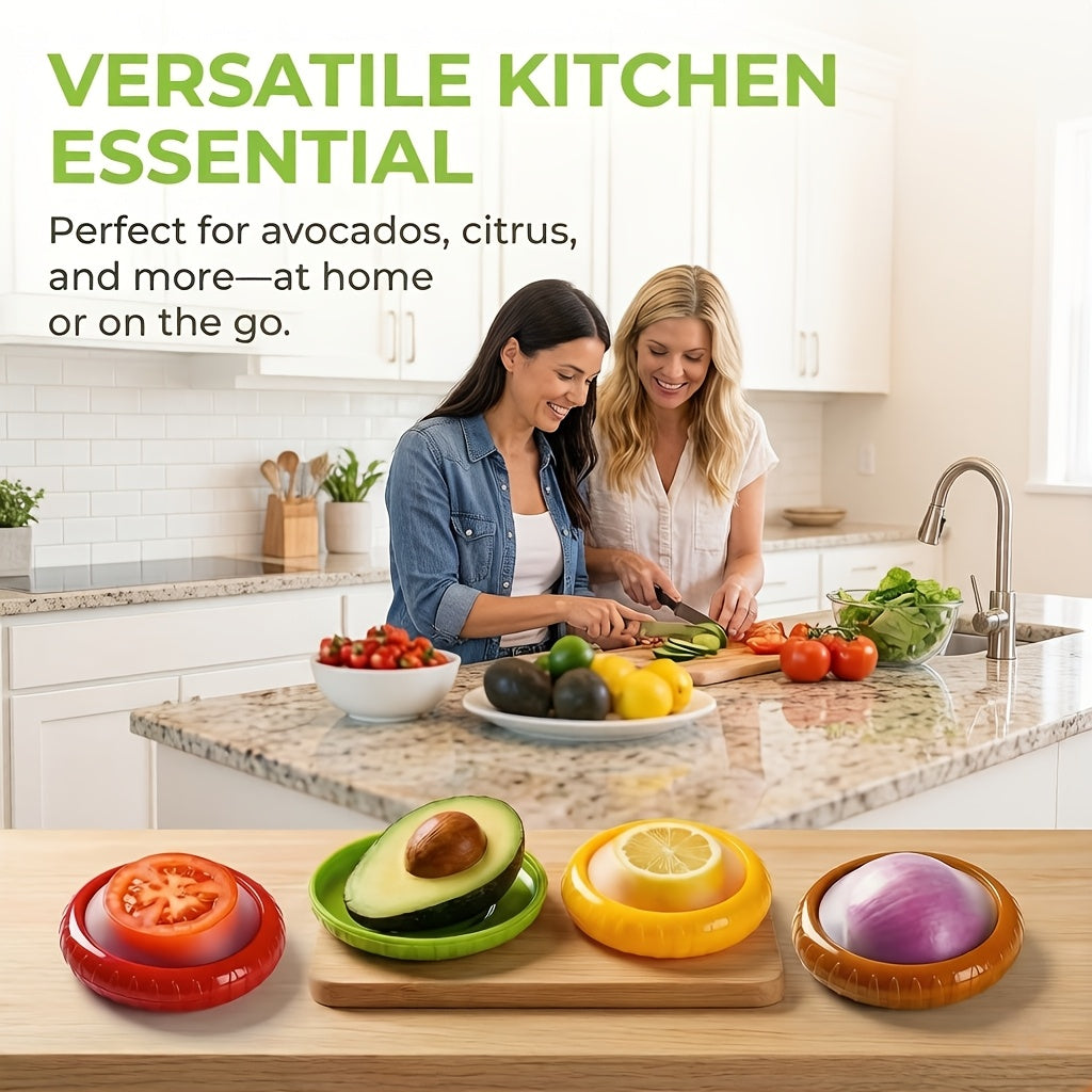 Fruit and Vegetable Storage Holders, 4-Piece Reusable Silicone Fridge Pod Set for Compatible Avocado, Tomato, Onion and Lemon Kitchen Organization