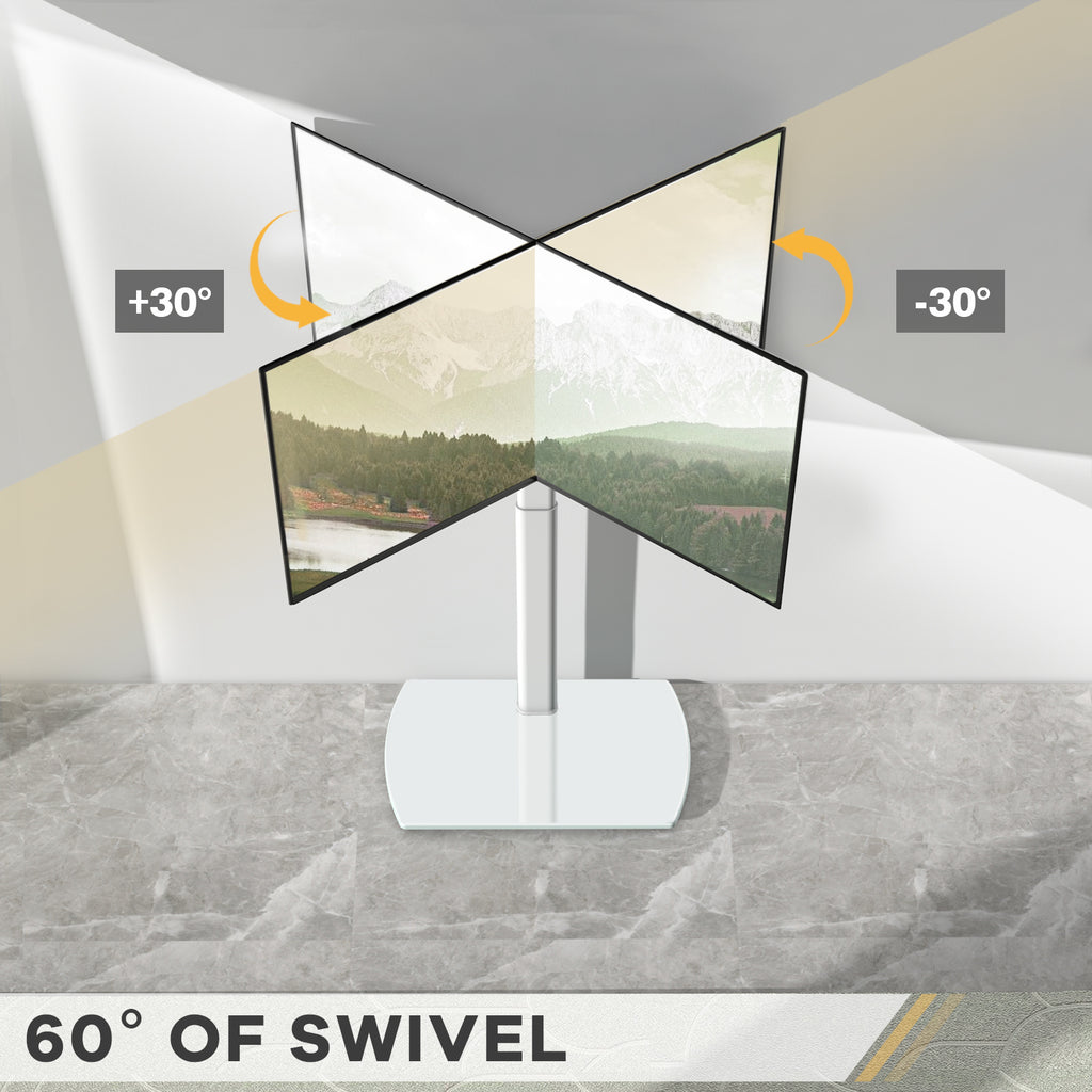 Swivel TV Floor Stand with Adjustable Height and Tempered Glass Base, Cable Management and Black or White Options for Compatible 32–65 Inch Television Setups