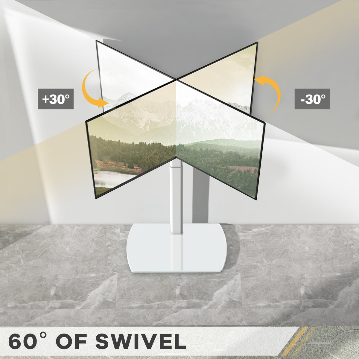 Swivel TV Floor Stand with Adjustable Height and Tempered Glass Base, Cable Management and Black or White Options for Compatible 32–65 Inch Television Setups