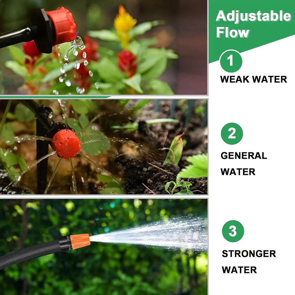 Drip Irrigation Kit with Adjustable Drippers and Spray Nozzle References, Flexible Vinyl Hose in 65ft and 100ft Options for Garden Beds and Patio Plants