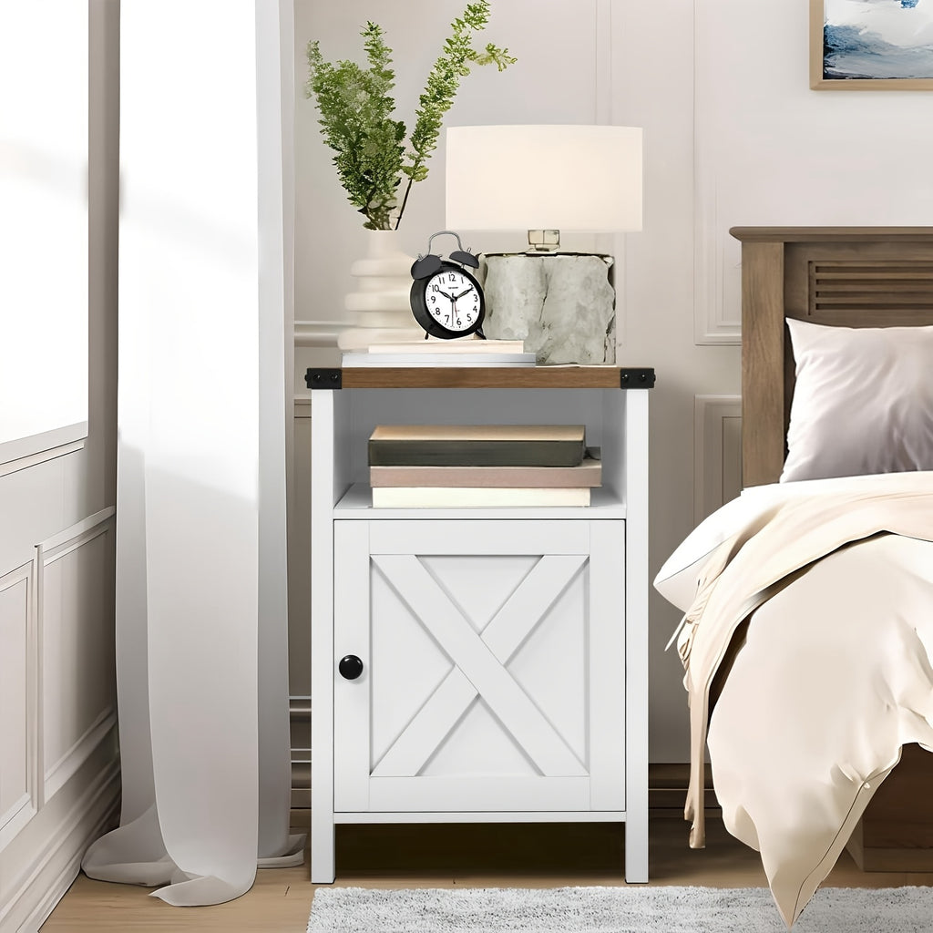Farmhouse Nightstand by OAKSTEAD with Barn Door and Shelf, Five Colors and Single or Two-Table Packs for Bedside Essentials, Living Room and Entryway Storage