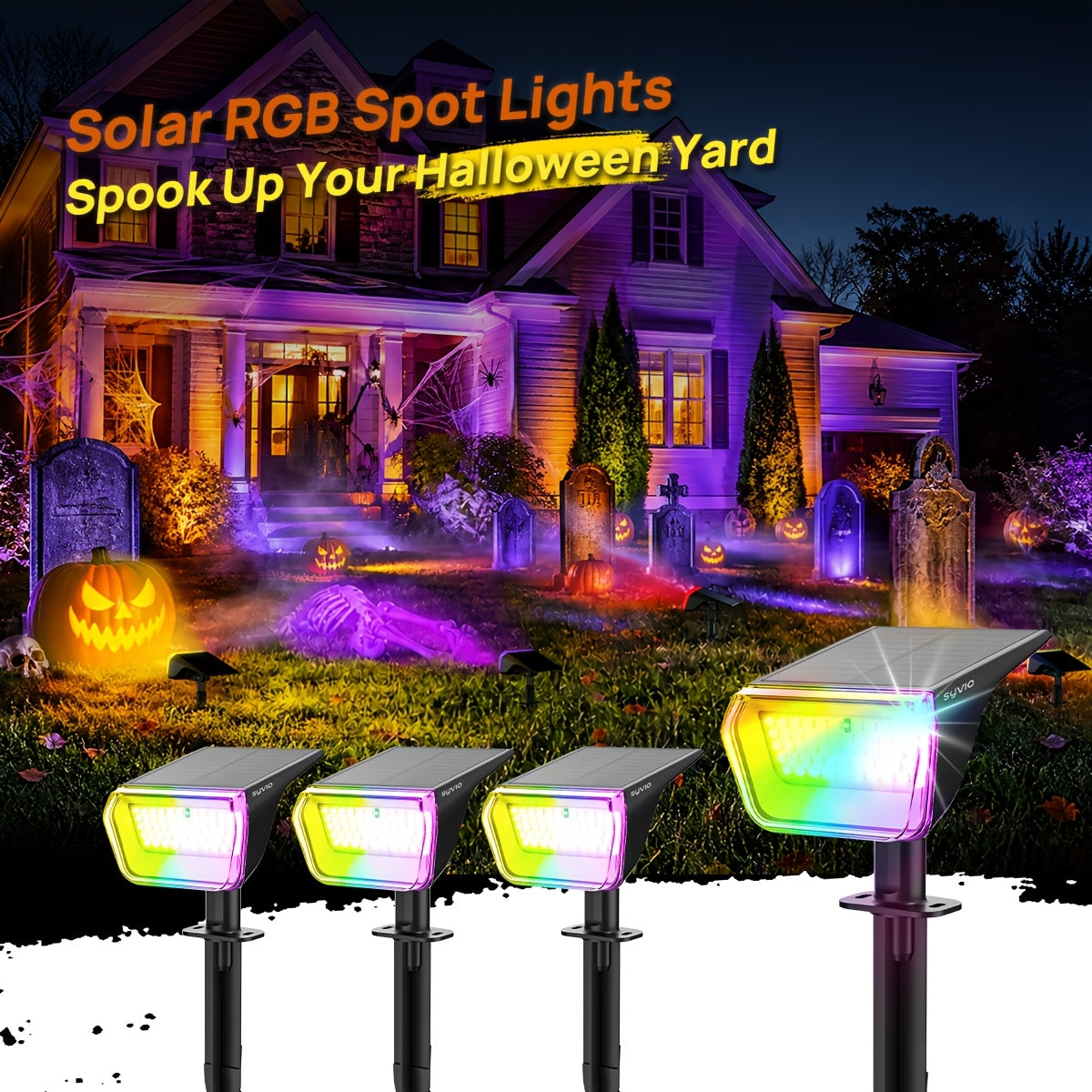 SYVIO Color-Changing Solar Landscape Spotlights with Listed 100 LEDs and Ten Modes, Multicolor Two- to Twelve-Piece Package Labels for Garden Accent Lighting