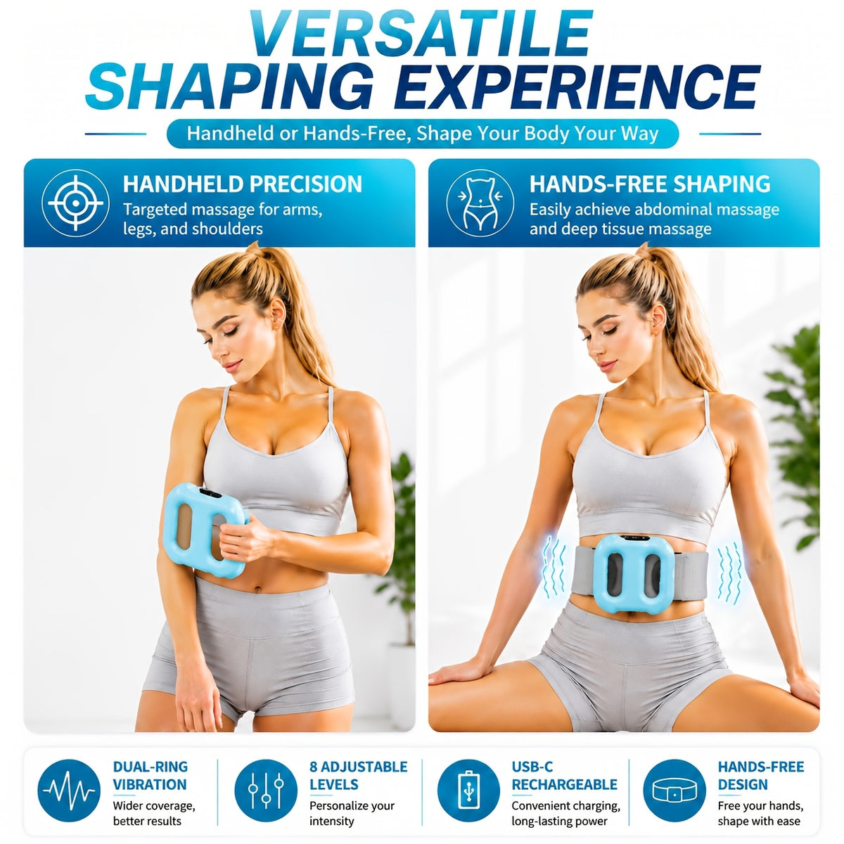 Double-Ring Electric Massager with Listed Eight Modes and Adjustable Belt, Resistance Band Package Reference for an Instruction-Guided Personal Care Routine