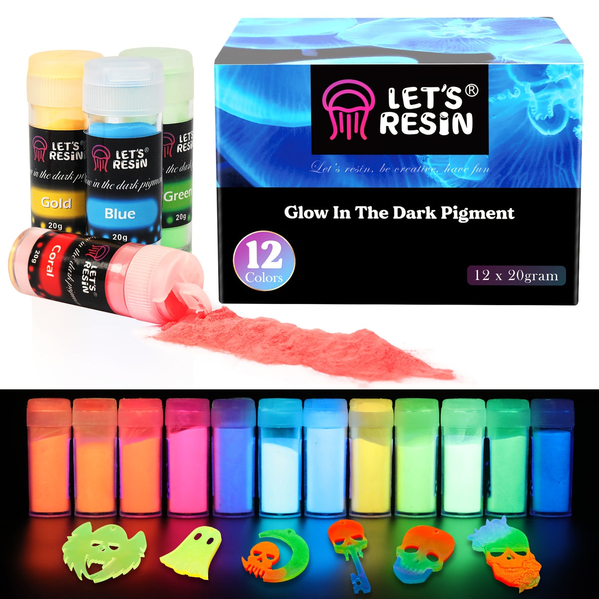 Luminous Craft Powder with Twelve Listed Colors and 0.7oz/20g Weight Reference, Glow in the Dark Color Selection for Compatible Adult Decorative Projects