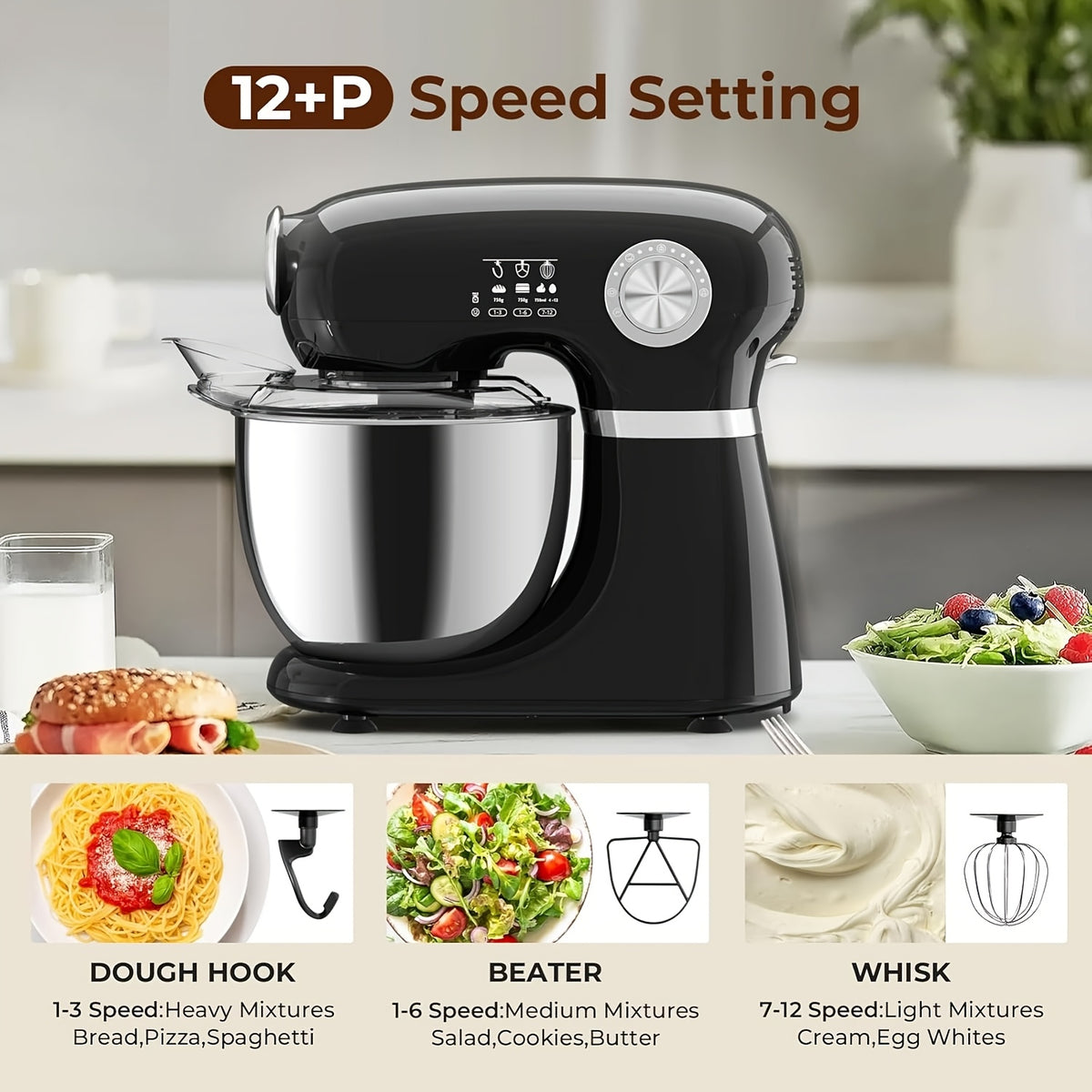 Electric Stand Mixer with Listed 350W Power, 12 Speeds and Pulse Button, Stainless Steel Bowl, Paddle, Dough Hook and Whisk in Grey, Black or Red for Home Baking