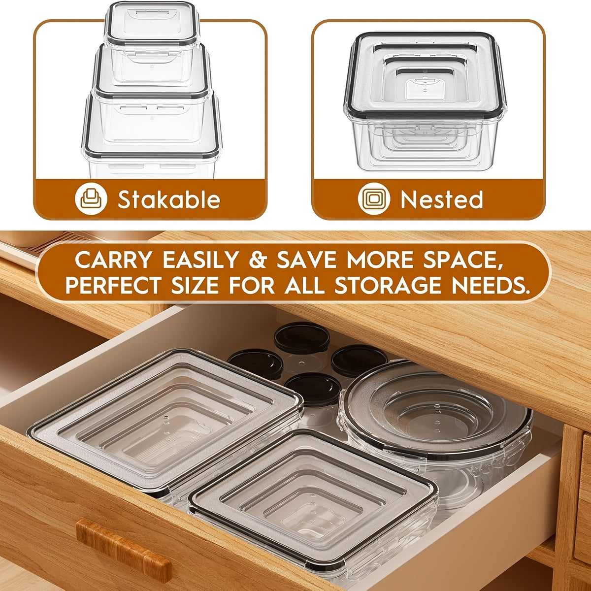 Round PP Food Storage Containers with Lids, 12-Piece Set of Six Stackable Plastic Meal Prep Bowls and Six Covers for Everyday Kitchen Organization