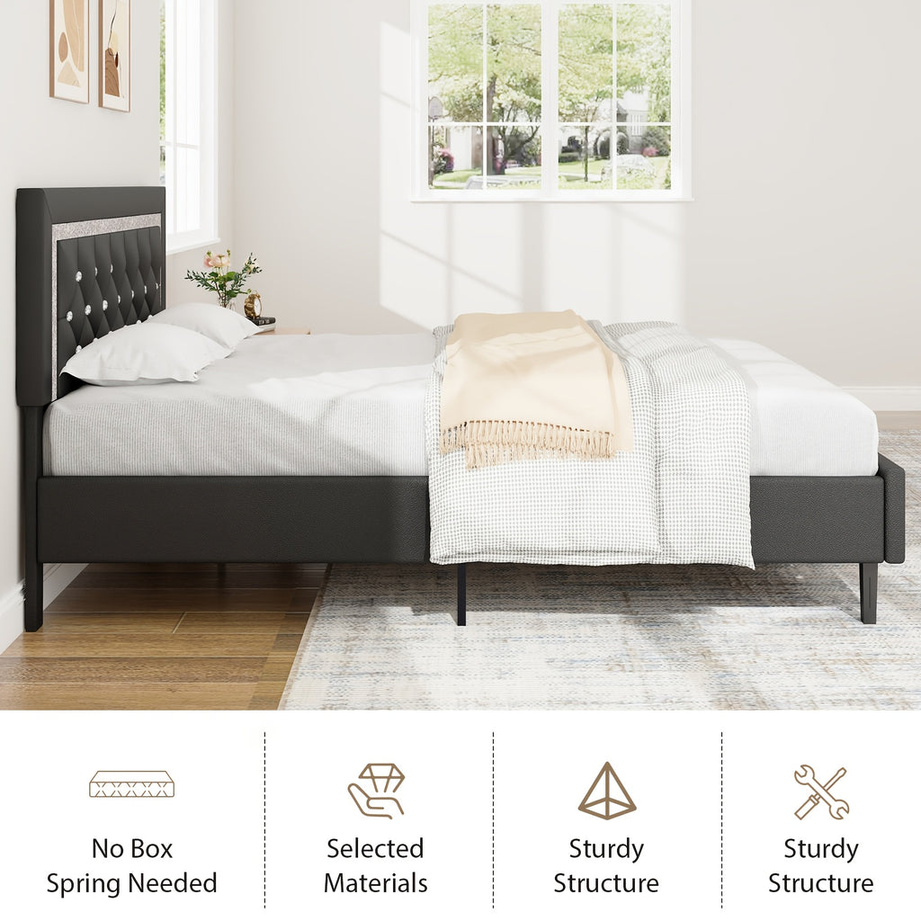 Princess Bed Frame with Diamond Headboard and Wooden Slat Support, Bedroom Furniture in White, Black or Pink with Twin, Full and Queen-1 Size Options