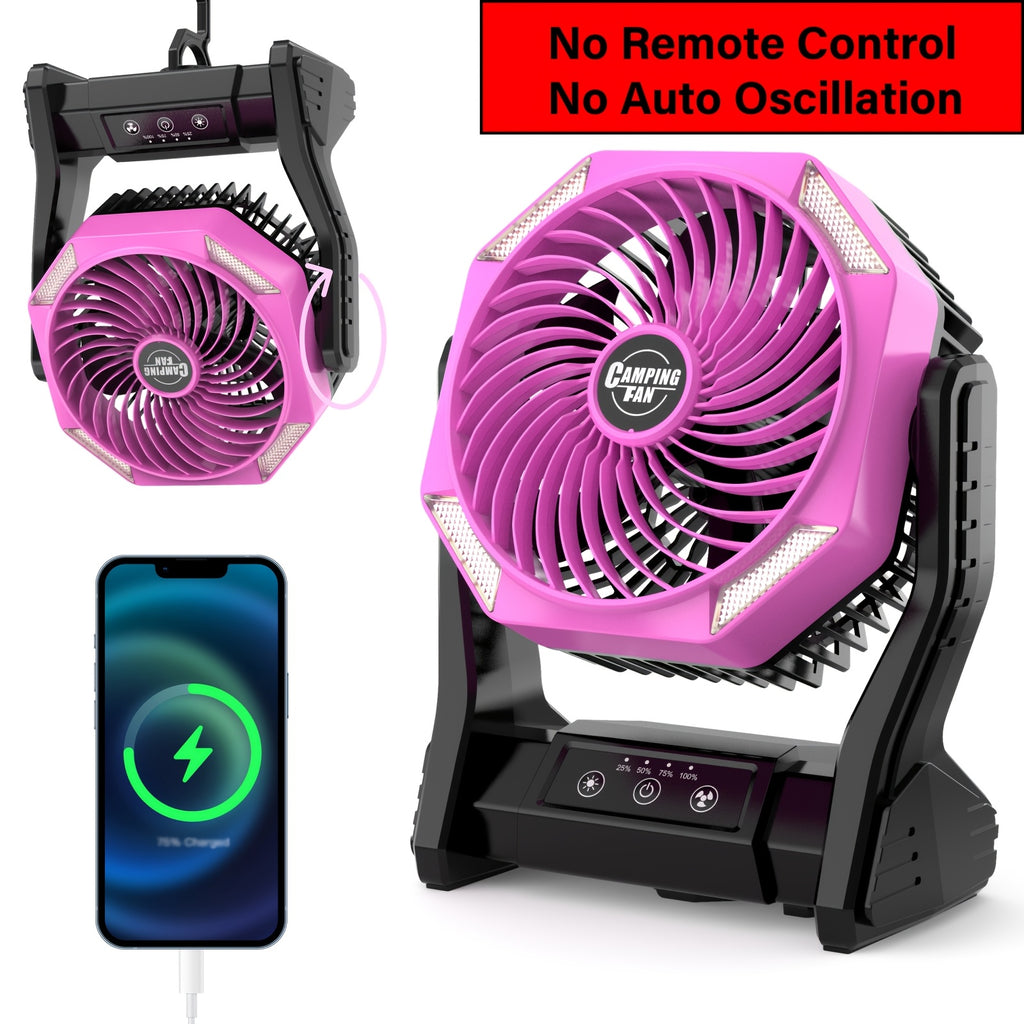 Battery Powered Camping Fan with 20000mAh Rechargeable Battery, Dual Auto Swing, 4 Speeds, 3-Level LED Light, 8-Hour Timer and Hanging Hook for Tents and RV Trips