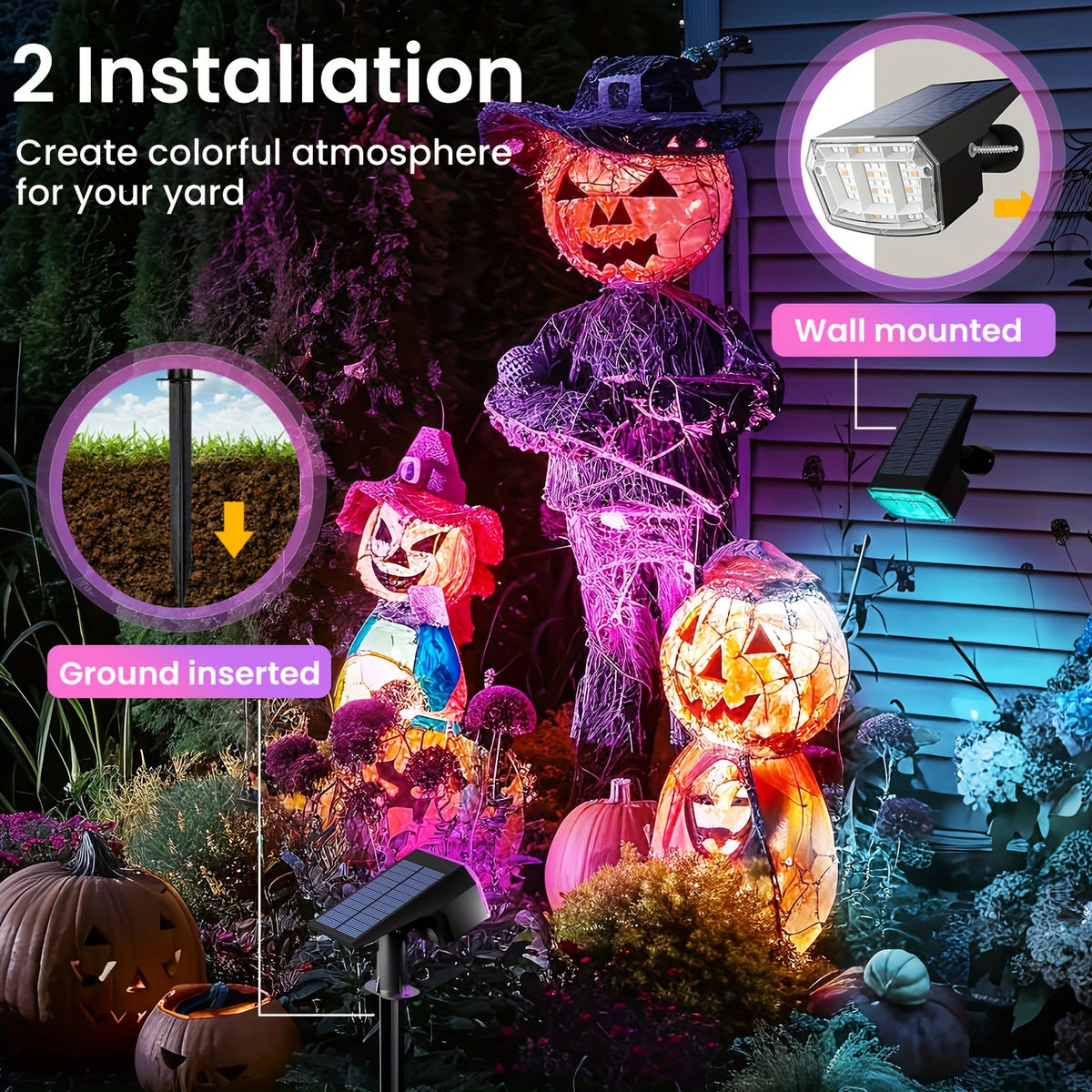 RGB Solar Garden Spotlights with Listed Nine Lighting Modes, Multicolor Outdoor Landscape Accent Lights in Two, Four or Six Pack Options for Holiday Decor