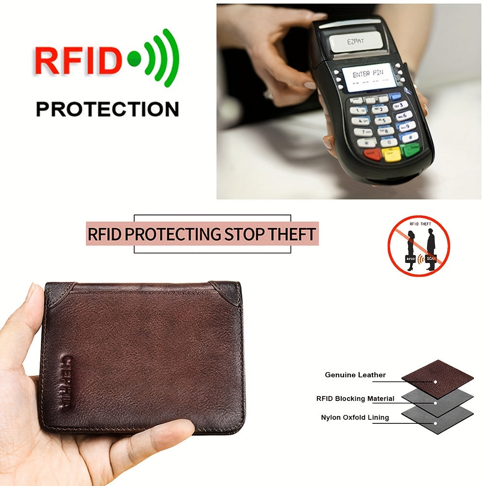 Trifold Leather Wallet for Men with Eight Card Slots, Two ID Windows, Coin Pocket and Two Banknote Sections, Yellow Brown, Black or Coffee Color for Daily Carry