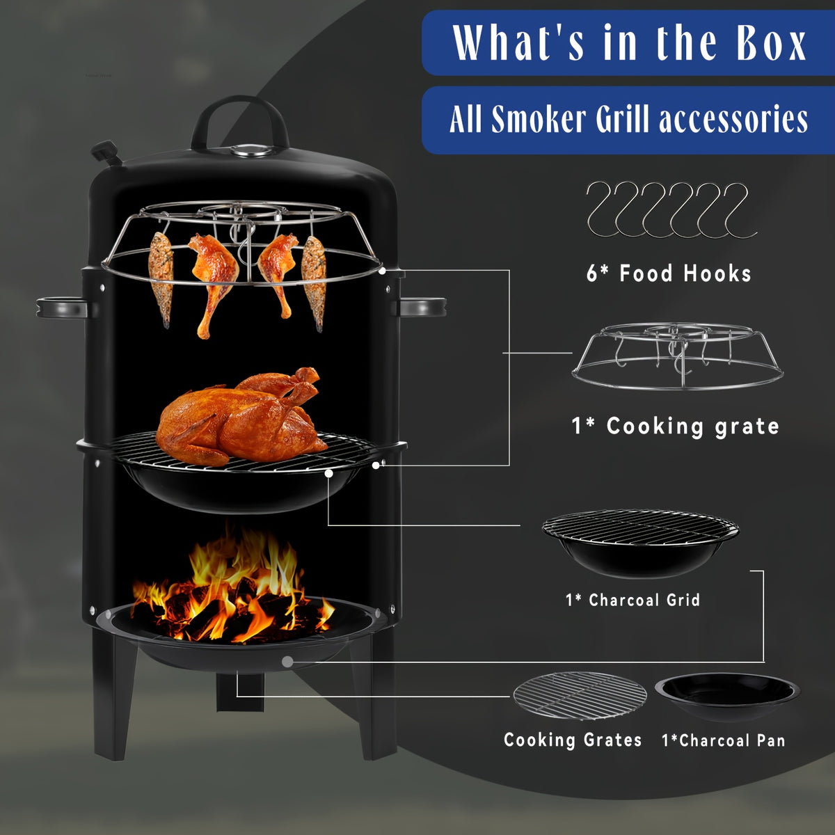 Portable Charcoal Smoker Grill with 3-in-1 Outdoor Cooking Design, Lid Thermometer, Adjustable Height and Top Air Vent, Black Standard or Upgrade Selection