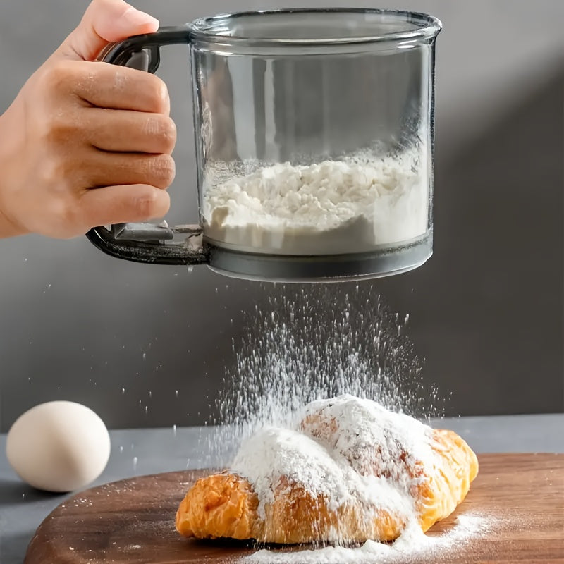Flour Sifter with Transparent Grey Body and Handle, One-Piece Semi-Automatic Baking Sieve for Preparing Dry Flour for Homemade Cakes and Pastries